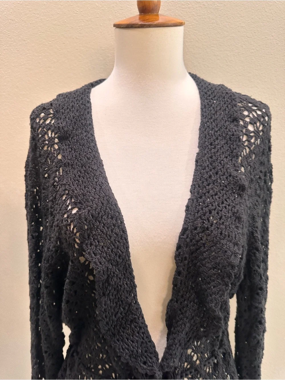 Oscar by Oscar De La Renta Black Crochet Tie-Front Sweater Cardigan L